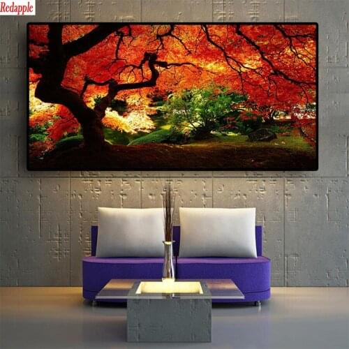 5d photo Round Diamond Painting Natural scenery, red leaf tree Full Drill Square Mosaic Home Decor Handmade Embroidery Gift