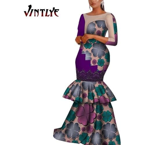 Robe Africaine Femme African Floral Print Dresses Long Sleeve Floor Length Dashiki Party Wedding Multi-layer Dresses WY9297