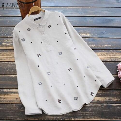 Spring Women Embroidery Blouses ZANZEA 2021 Cartoon Elegant Top Long Sleeve Blusas Female Lapel Button Tunic Maxi Solid Chemise