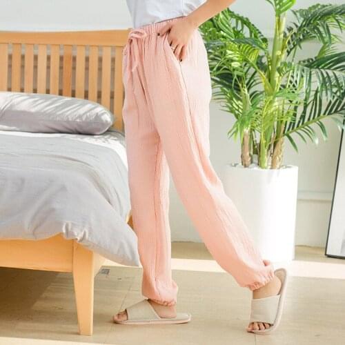 Japanese New Style Spring and Summer Trousers Ladies Cotton Crepe Trousers Thin Home Trousers Multicolor Plus Size Sleep Bottoms