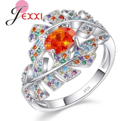 Inlaid with multicolor Stones Leaves Wrapped In Orange Rhinestone Design 925 Sterling Silver Rings Jewelry Hot Selling