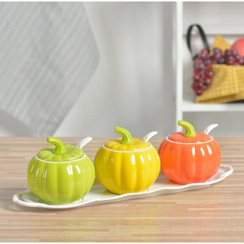 Nordic ceramic cute pumpkin-shaped spice jar 3-pcs set with wooden tray salt shaker seasoning box bottle kitchen utensils