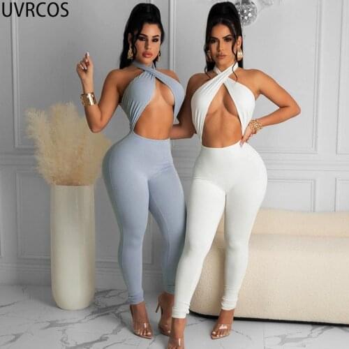 UVRCOS Hollow Out Jumpsuit Club Overalls For Women Summer 2021New Solid Color Halter Sleeveless Backless Skinny Elegant Playsuit