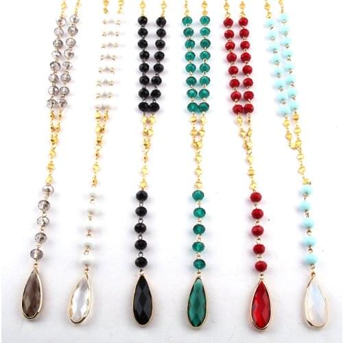 Fashion 5X8 Glass Crystal With Gold Flat Round Chain Connect with crystal drop Pendant Necklaces Women Lariat Necklaces