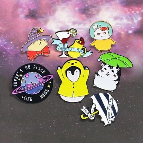 Cartoon Animal Planet Black white Umbrella Enamel Pin Penguin Cat Hamster Banner Red wine coffee Lapel Brooch Badge for Friends