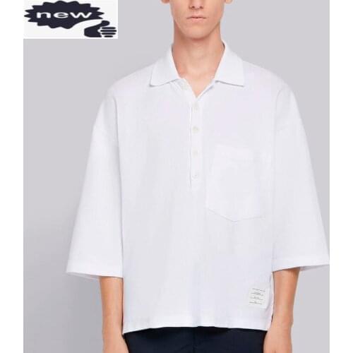 2021 Fashion TB THOM Brand Shirts Men Casual Loose Solid Cotton Polo Summer Half Sleeve High Quantity OS Style Clothing