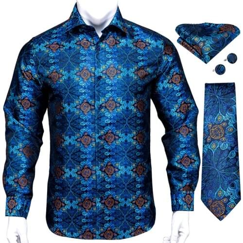 Hi-Tie Navy Blue Paisley Long Sleeve Casual Shirts Set For Men Gold Floral Mens Shirts Silk Tie Jacquard Party Wedding Dress