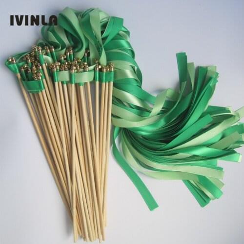 Newest 50pcs/lot green &light green wedding ribbon stick wands with gold bell for wedding decoration