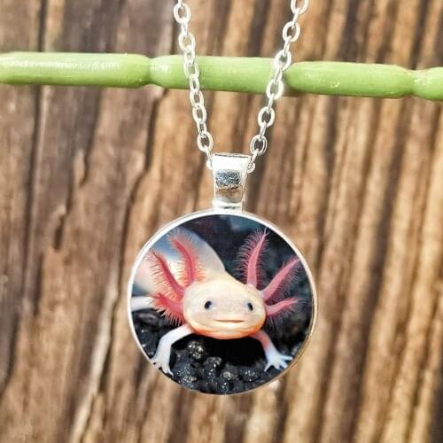 New Arrived Cartoon Axolotl Necklace Cute Animal Art Picture Glass Crystal Alloy Pendant Choker Jewelry Party Christmas Gift