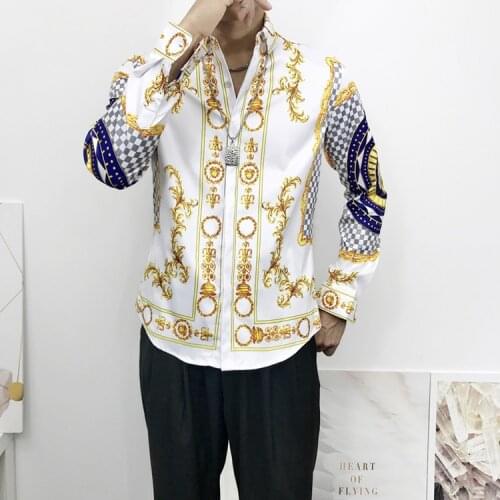 New 3D Palace Fashion Shirt Men 2021 Luxury Gold Flower Carving Printed Long Sleeve Shirt Vintage Party Club DJ Shirt Top