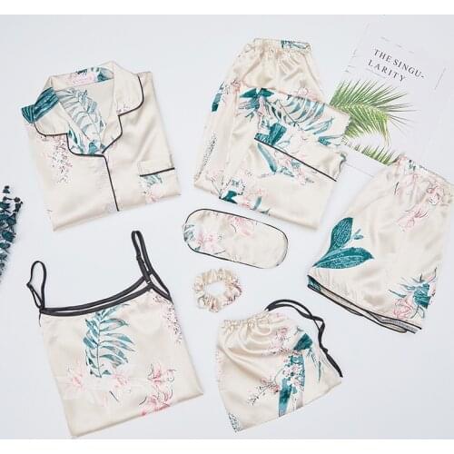 Pink 7 Pieces Womens Pajamas Sets Faux Silk Striped Pyjama Womens Pajamas Sleepwear Sets Spring Summer Homewear