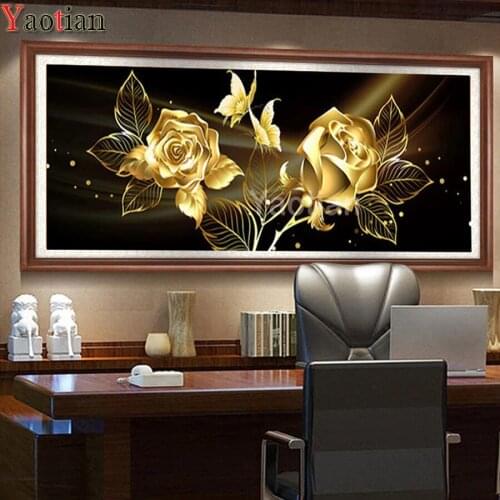 Full Resin Square Drill Diamond Painting Gold Rose Flower Cross Stitch Kits Diamond Embroidery Needlework Home Decoration