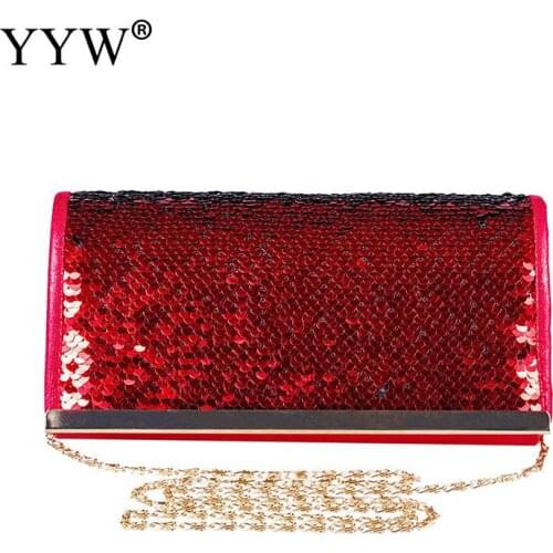 Sequined Envelope Bags For Women Evening Party Gold Chain Crossbod Bags 2019 Fashion Long Clutch Wallets Red Color Wedding Purse