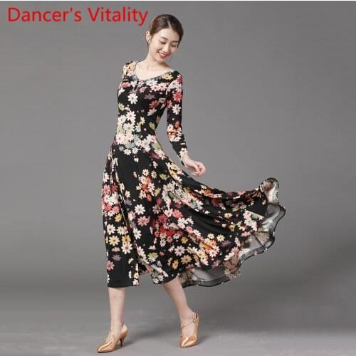 Modern Ballroom Dance Racing Outfits New Floral Long Sleeve Dress Waltz National Standard Jazz Dancing Practice Train Costume