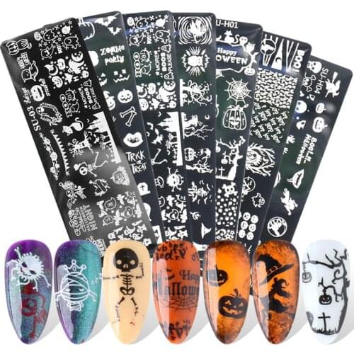 7pcs Halloween Nail Templates Stainless Steel Nail Stamping Plate Transfer Template Skull Pumpkin Stamp Printing Nail Template