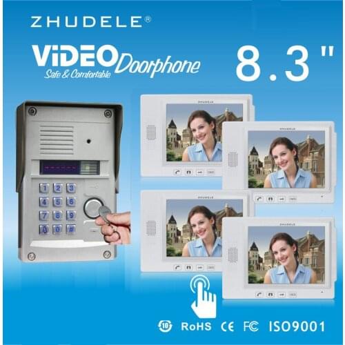 ZHUDELE Security Intercom System 8.3"Video Door Phone Touch Key Doorbell&IR 700TVL HD Home Security CCD Camera FRID Panel 1V4