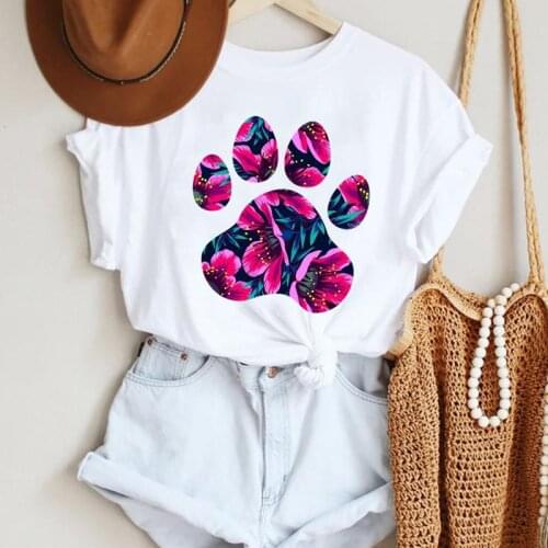 2021 Women Clothing Floral Dog Paw Animal Short Sleeve Cartoon Summer Lady Print Tee Stylish T Top Tshirts Clothes T-Shirt