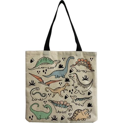 Cartoon Cute Dinosaur Printed Tote Linen Personality Girl Shoulder Bag Large Capacity Travel Storage Packs Women Shopping Bag