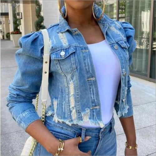 Plus Size Womens Ripped Denim Jacket Solid Color Long Puff Sleeve Short Jacket Button Down Cropped Ladies Casual Jean Coats