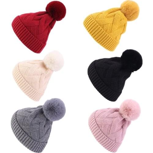 Women Winter Cross Striped Crochet Knitted Beanie Hat Solid Color Cute Pom Pom Ball Stretchy Snow Ski Cuffed Skull Cap