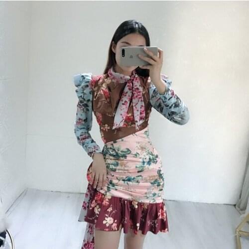 Wrinkles winter New autumn waist stitching bow tie long sleeved printed dress short