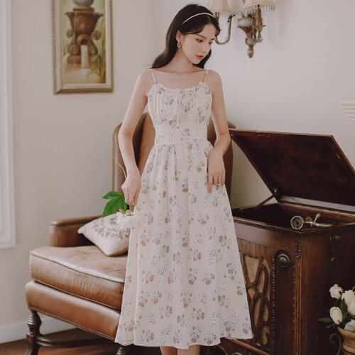 Summer Dress Retro Rose Floral Sweet Spaghetti Strap Dresses Women French Gentle Wind Bowknot Square Neck Vestido