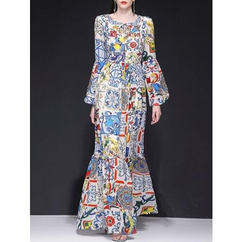 Womens dress fashion fishtail big swing long dress 2021 new lantern long sleeve slim printed dress