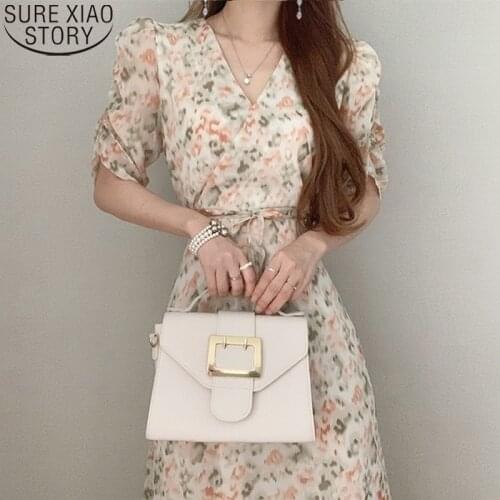 Vintage Chiffon V-neck Puff Sleeve Floral Dress Women 2021 Summer Women Long Dress Elegant High Waist Dresses Vestido 14534