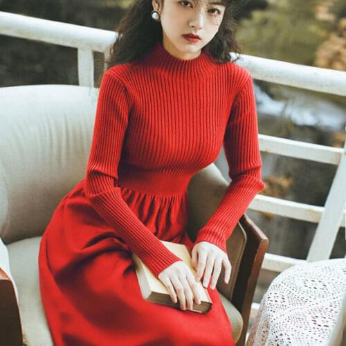 Winter Dresses Women 2021 Vintage Half High Colar Long Sleeve Pullover Fashion Elegant Lady Knitting Dress Slim Waist Knitwear