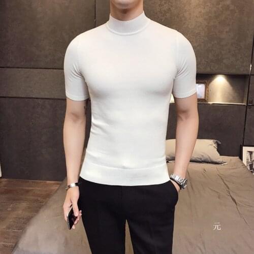 2021 Brand Mens Sweater Pure Color Short Sleeves Semi High Necked Pullover for Male Sweater Tops