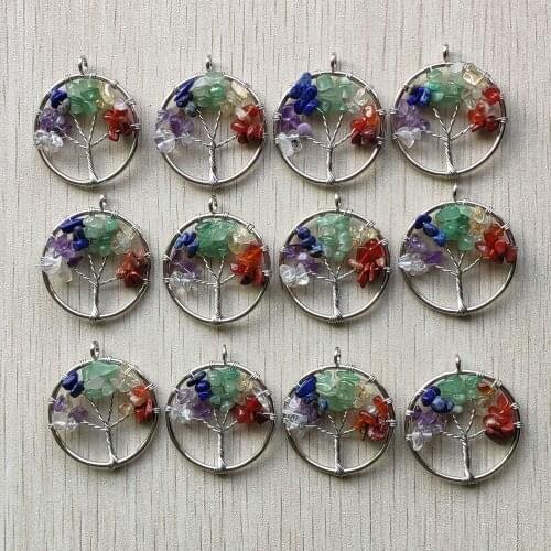 30mm Natural stone wire wrapped chakra reiki healing tree of life pendant wholesale 12pcs/lot for necklace jewelry making