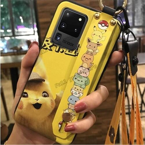 Pokemon Phone Case for Samsung S20 Ultra Plastic Molding Tpu Anti-fall Cases Cartoon Simple Print Pikachu with Lanyard Bracket