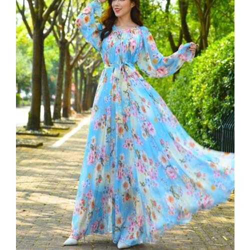 Maxi Dress Floral Printed Loose Chiffon Fashion Abaya Islamic Clothes Muslim Female Saudi Arabia Dubai Kaftan Long Dress Summer