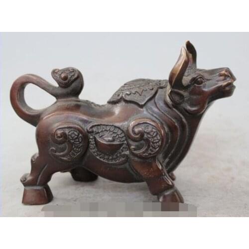 Elegant old S6286 7" Chinese Bronze animal money Fengshui Zodiac Year Bull Oxen sculpture Statue