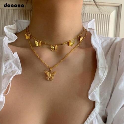 Docona Elegant Gold Butterfly Charm Pendant Necklace for Women Girl Alloy Animal Multilayer Necklaces Trendy Accessories 9627