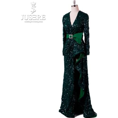 Deep V neckline Long Sleeves Bow Belt Split Zipper Back Elegant Occasion Formal Gown Green Sequin Long Column Evening Dress 2018