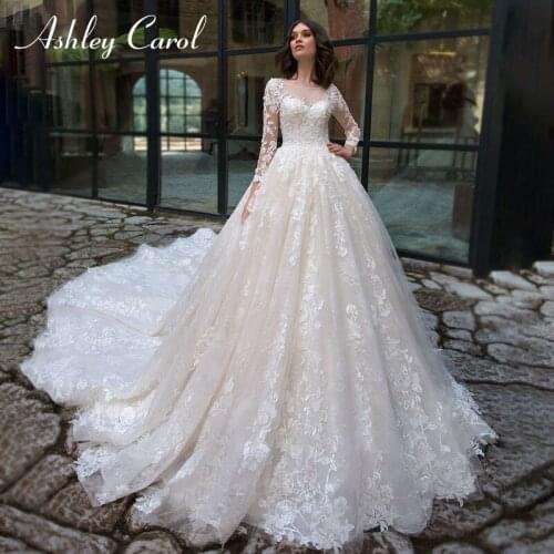 Ashley Carol A-Line Wedding Dress 2021 Long Sleeve Beaded Appliques Lace Up Cathedral Princess Bridal Gown Vestido De Noiva