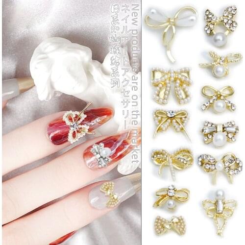 10Pcs Nail Art Crystal Pearl Bowtie Shaped Charms Luxury Bow Nail Art Design Bowknot Shiny Crystal Rhinestone Charns Manicure