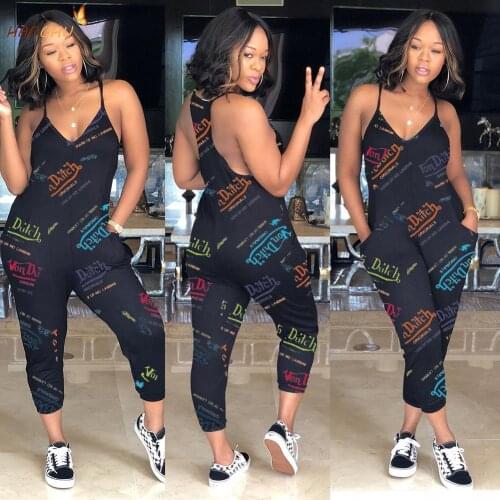 HAOOHU Personality New Style Sling Jumpsuit Letter Printing V Neck Pocket Casual High Street Womens Clothing Letter Polyester
