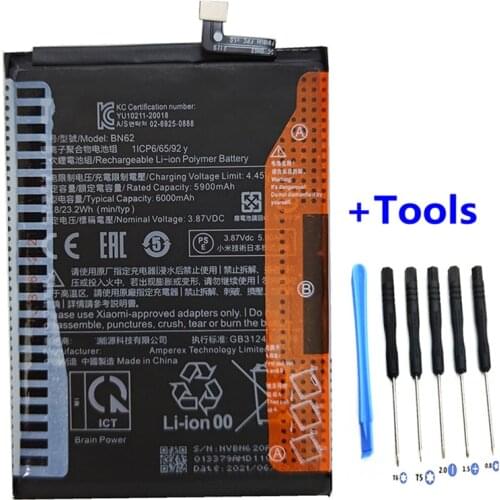 + Tools ! 100% New High quality 6000mAh BN62 Battery For Xiaomi Redmi Note9 4G smart Phone +Tracking number
