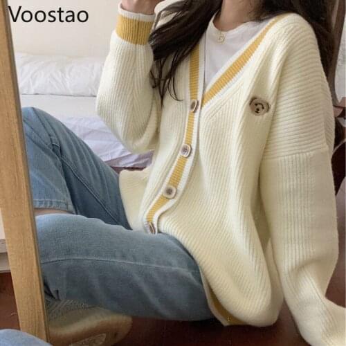 Spring Autumn Sweet Loose V-Neck JK Cardigan Winter Women Preppy Style Bear Embroidery Knitted Sweaters Coat Girly Sueter Mujer