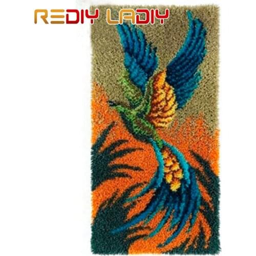 Latch Hook Rug Crocheting Cushion Mat Blue Phoenix Tapestry Kits Acrylic Yarn Pre-Printed Canvas DIY Carpet Rug Arts & Crafts