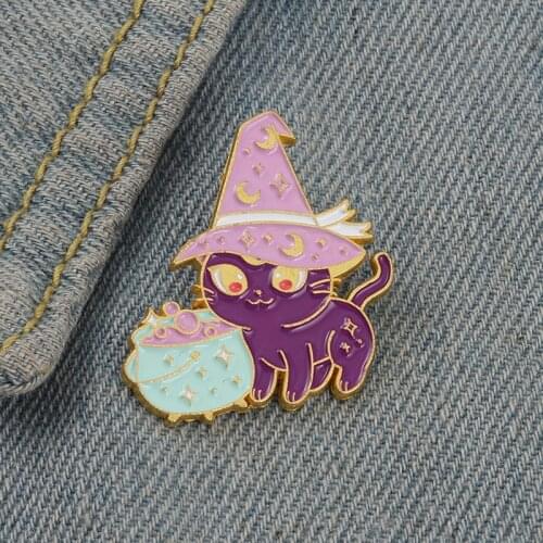 Creative Moon Witch Cat Enamel Pin Cartoon Magic Cat Brooch Purple Moon Lapel Pin Anime Badge Halloween Jewelry Gift for Kids