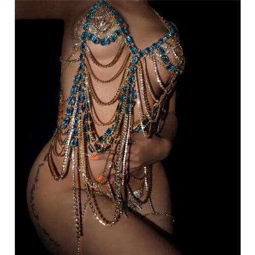 Fashion sexy long tassel pendant body chain bling blue crystal erotic bikini jewelry woman nightclub harness thong accessories