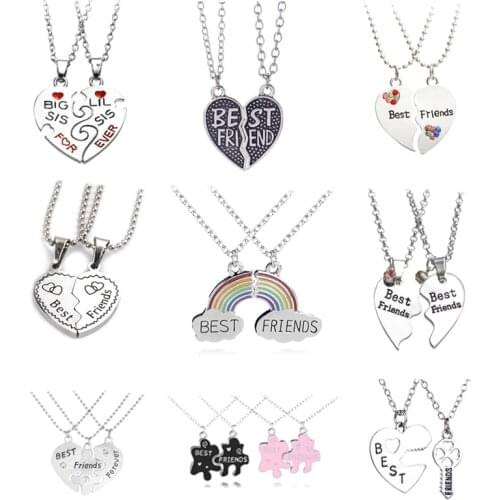 2 pieces / set Fashion Best Friend Stitching Pendant Necklace Rainbow Broken Heart Necklace Female Children BFF Friendship Gift