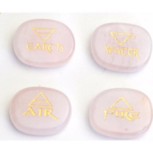Set of 4 Natural Rose Quartz Healing Crystal Engraved Reiki 4 Elemental of Earth Water Air Fire Palm Stone with a Free Pouch