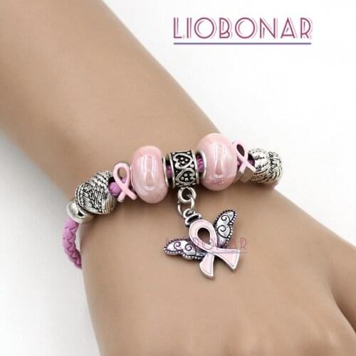 New Arrival DIY Breast Cancer Awareness Jewelry Pink Leather Pink Ribbon Angel Wings Bracelets Gift for Cancer Center Foundation