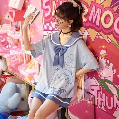 Kawaii Japan Anime Summer Pajamas For Women Cotton Short Sleeve Homewear Korean College Style Sweet Blue Bows Girls Sleepwear