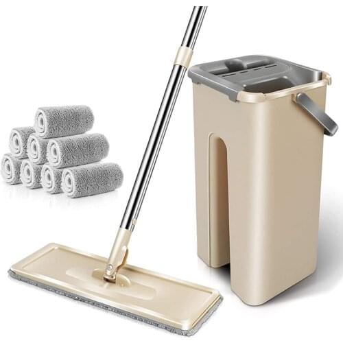 Microfiber Flat Mop with Bucket Hand Free Cleaning Floor Squeeze Mop Reusable Mop Pads Stainless Steel Handle for Home Kitchen
