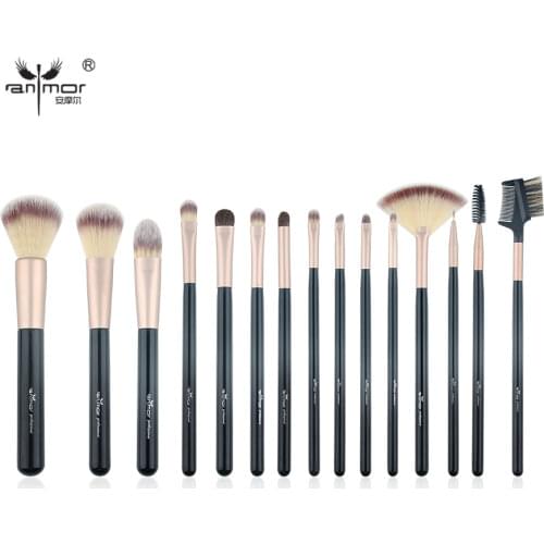 Anmor 15Pcs Professional Makeup Brushes Set Wood Handle Synthetic Hair Kit Brush For Eyeshadow Powder Make Up Eye Comb Brush